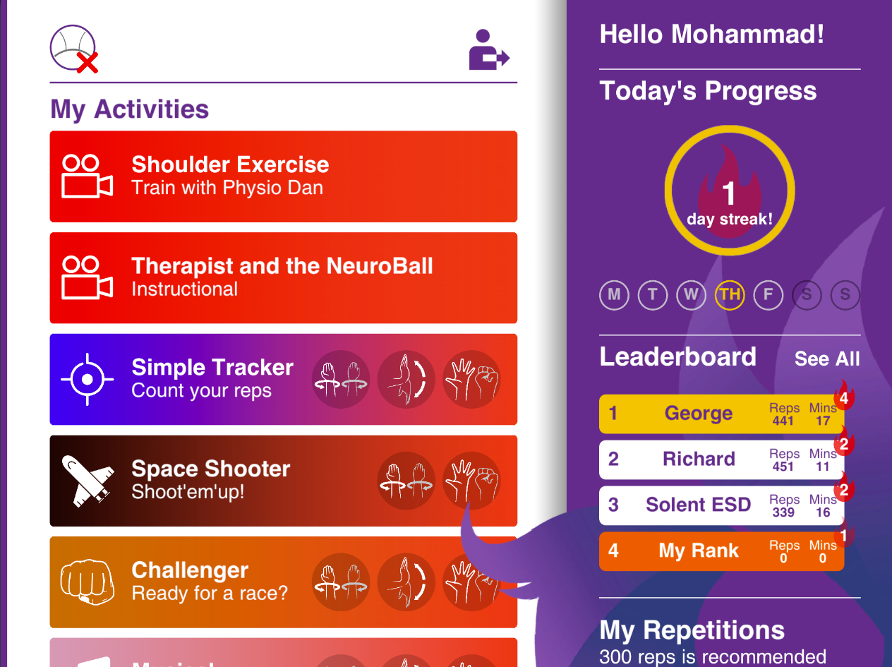 Original patient app, activities screen